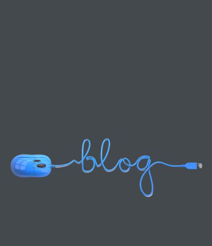 Image of a blue computer mouse and its cord has been twisted like the word ‘blog’