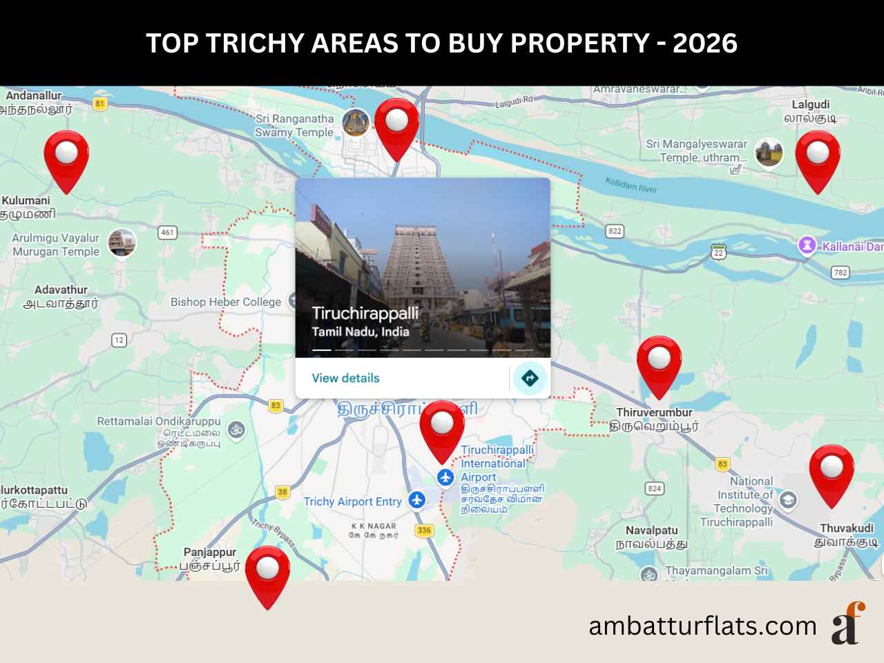 Trichy city map highlighting key residential neighborhoods including Thillai Nagar, Woraiyur, and Vayalur Road, with the ambatturflats.com logo.