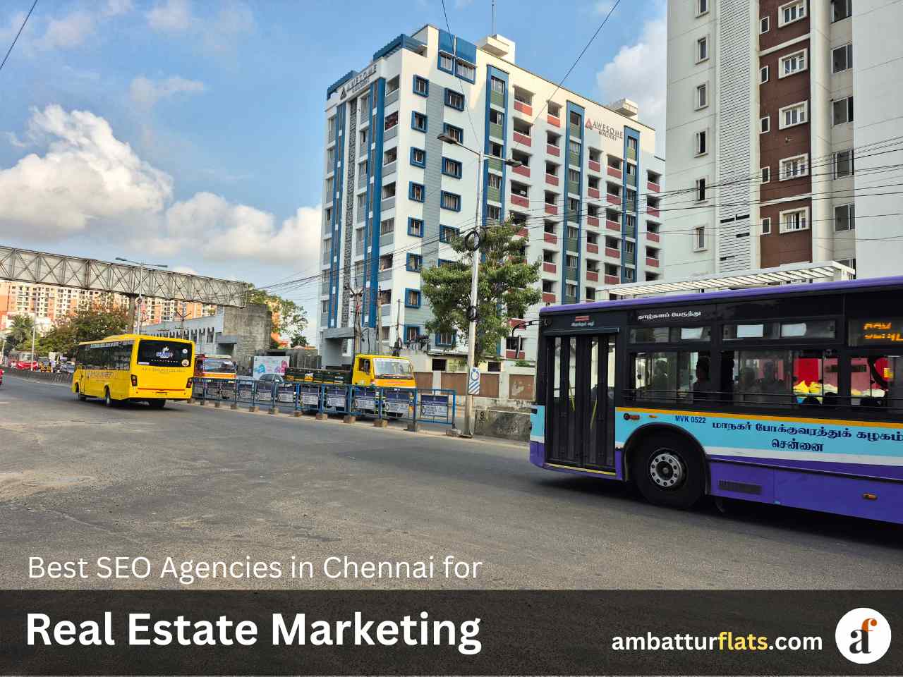 Bus in Ambattur Chennai displaying Best SEO Agency in Chennai for Real Estate Marketing banner