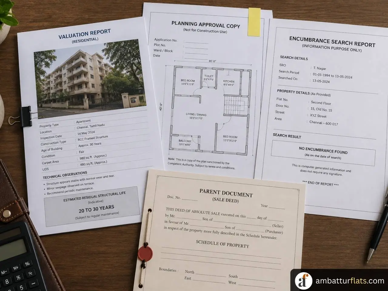 Home loan documents for an older Chennai apartment including valuation, planning approval, encumbrance and sale deed papers