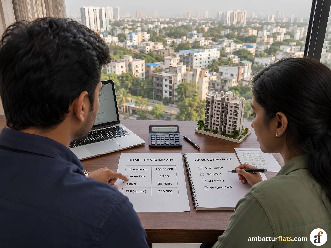 Young couple planning a home purchase with a laptop, calculator and home loan documents