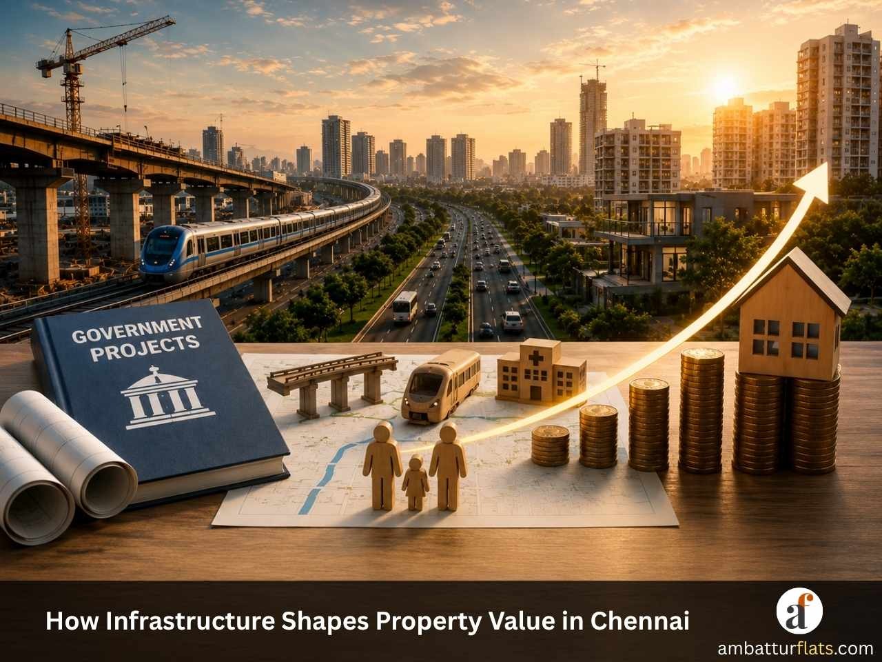 City skyline with Metro, highways and residential developments representing Chennai's future urban growth