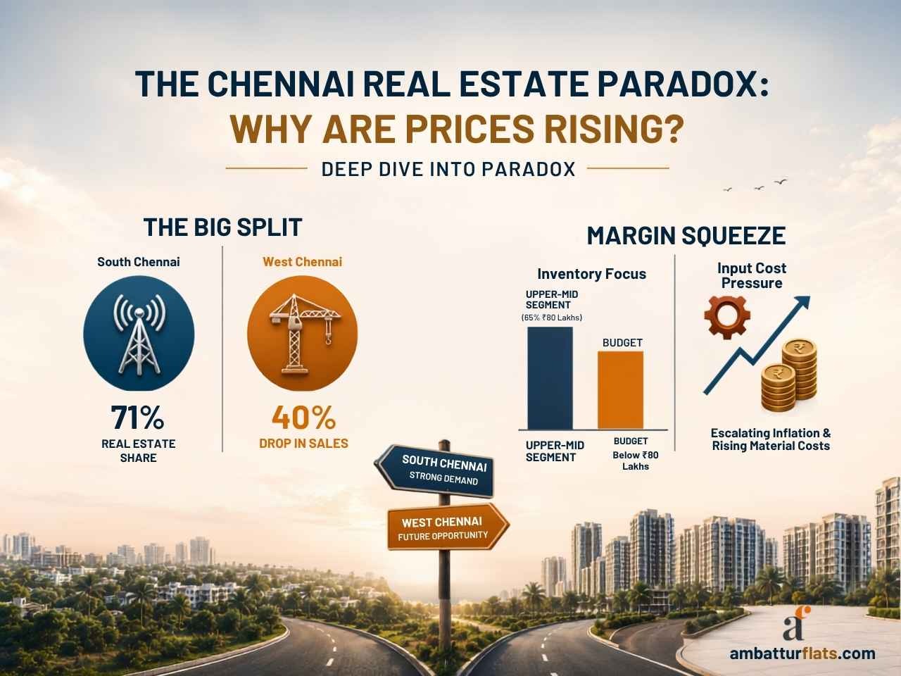 Infographic showing Chennai property price trends, South Chennai demand and West Chennai market changes