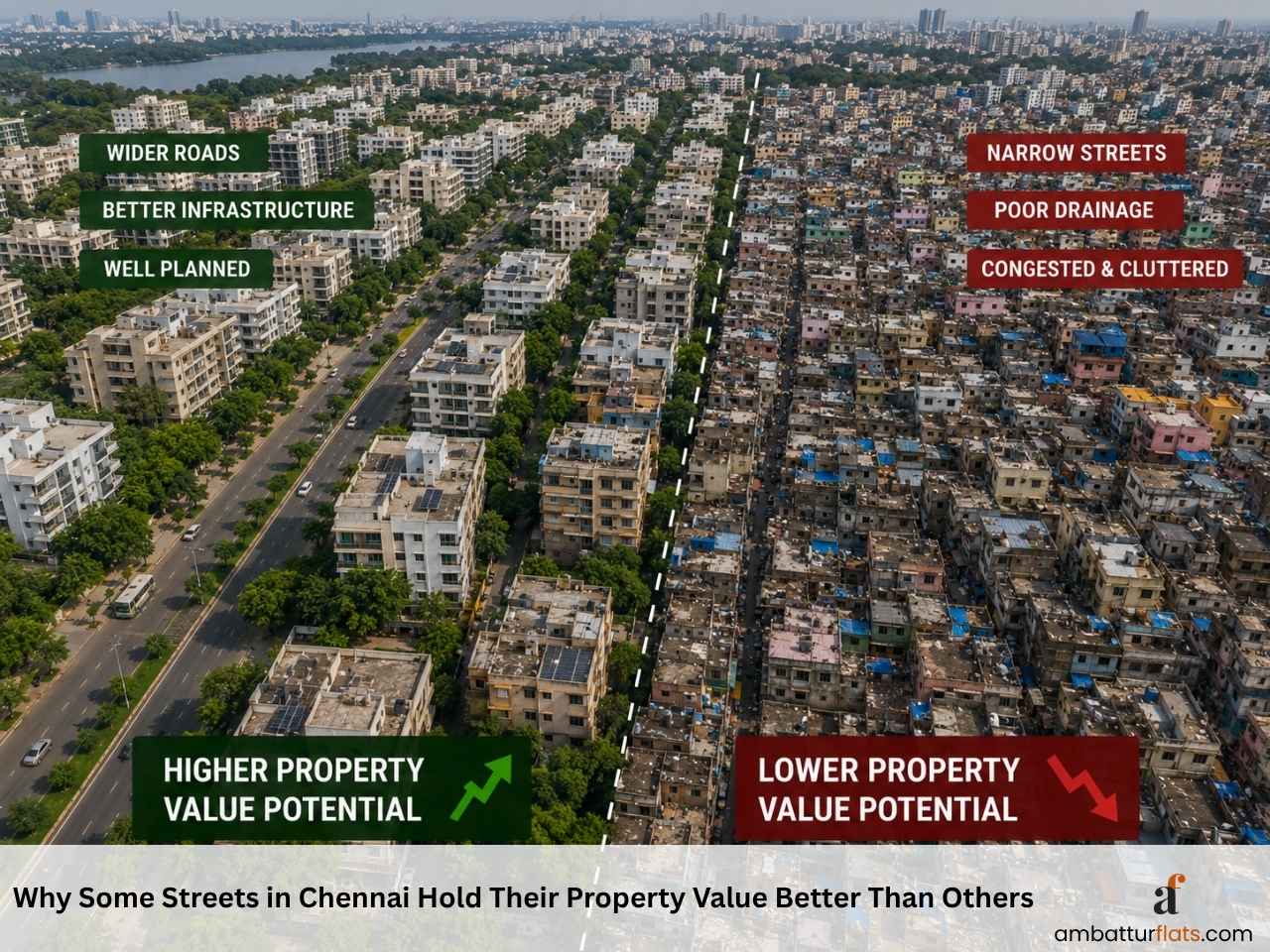 Aerial comparison of well-planned and congested Chennai neighbourhoods