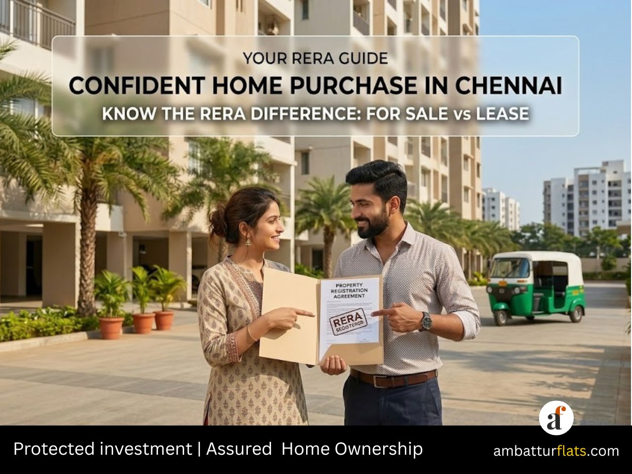 A happy couple reviewing property documents in front of a modern apartment complex in Chennai, illustrating the RERA registration rules for sale vs.lease projects.