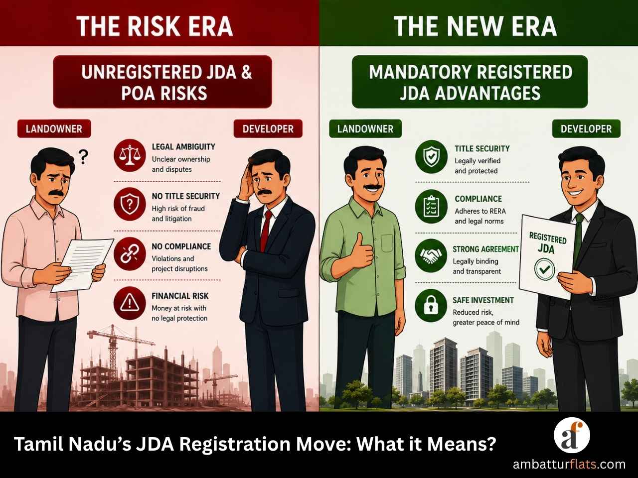 Infographic comparing unregistered and registered JDA in Tamil Nadu, highlighting title security and compliance