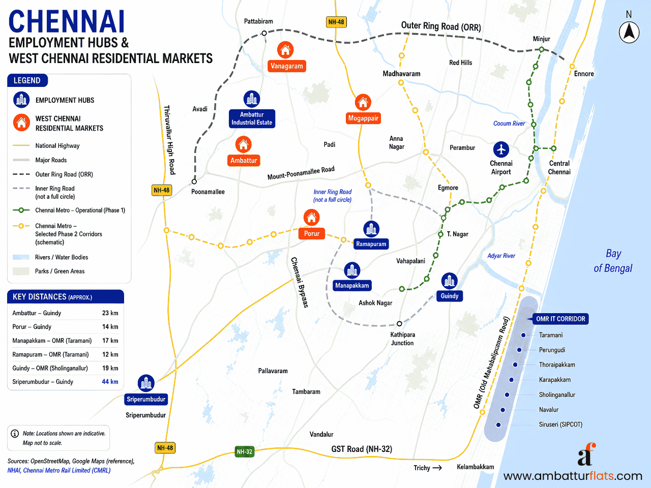 Map of West Chennai showing employment centres, residential markets and transport links