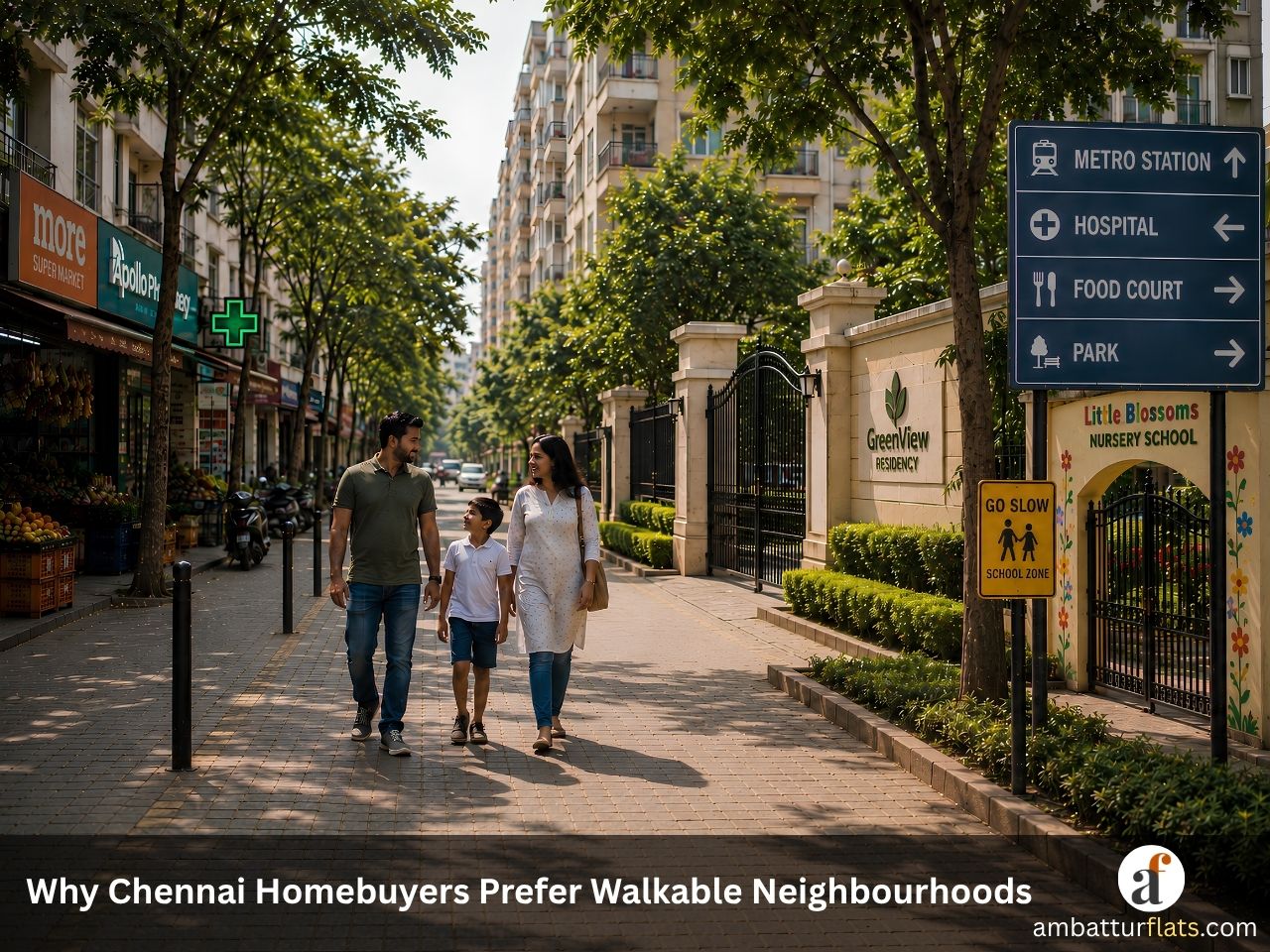 A family walks through a connected residential neighbourhood in Chennai